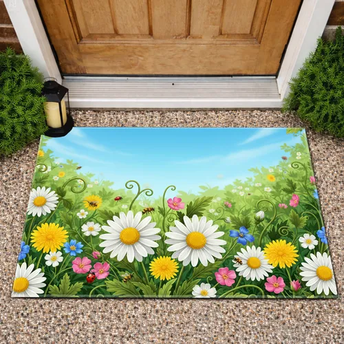 Daisies Wildflowers Honeybees Ladybugs Meadow Sky - Home Decor Gift Doormat