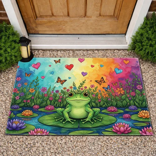 Green Frog Lily Pad Pond Water Lilies Butterflies Wildflowers - Home Decor Gift Doormat