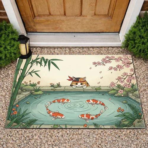 Curious Cat Red Hachimaki Koi Pond Sakura Bamboo Garden - Home Decor Gift for Cat Lover Doormat