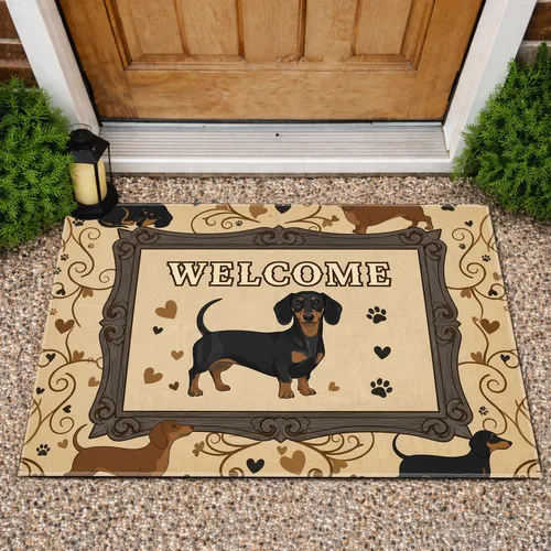 Dachshund Welcome Sign Heart Paw Print - Farmhouse Home Decor for Dachshund Lover Doormat