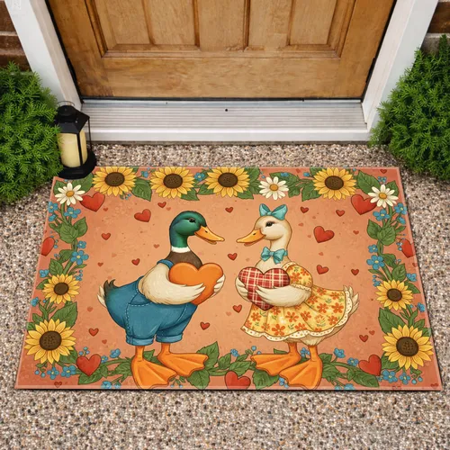 Affectionate Mallard Ducks Heart Flowers Sunflowers - Farmhouse Home Decor - Duck Lover Gift Doormat