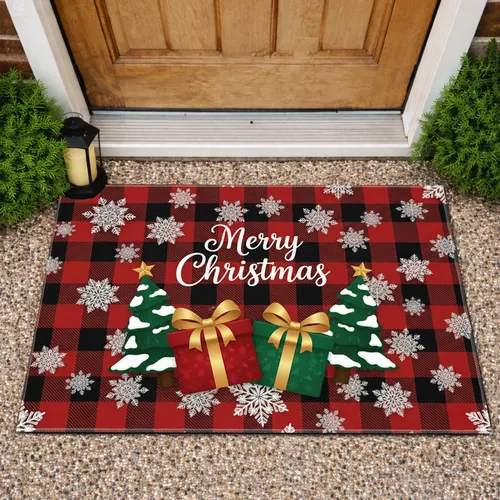Merry Christmas Gift Boxes Christmas Trees Buffalo Plaid - Christmas Holiday Decor Doormat