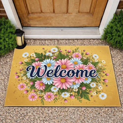 Welcome Script Daisy Floral Garden Botanical - Home Decor Gift Doormat