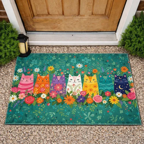 Seven Patterned Cats Lush Garden Home Decor Gift for Cat Lover Doormat