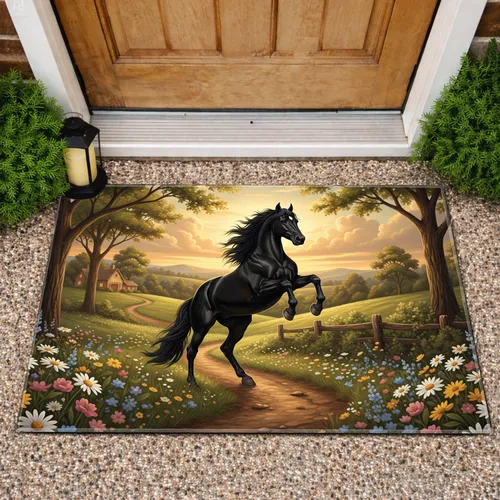 Black Horse Rearing Wildflower Countryside - Farmhouse Home Decor Gift for Horse Lover Doormat