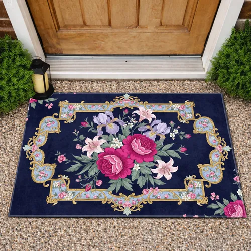 Fuchsia Rose Lavender Iris Lily Floral Gold Scrollwork Border - Everyday Home Decor Gift Doormat