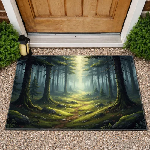 Dramatic Winding Forest Path Lush Green Mossy Rocks Dappled Sunlight - Home Decor Gift Doormat
