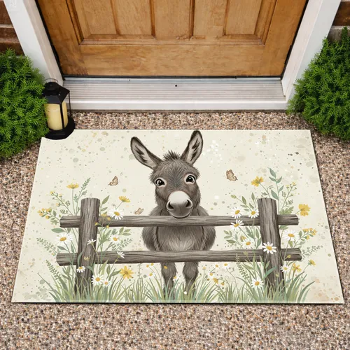 Shaggy Donkey Rustic Wooden Fence Wildflowers - Home Decor Gift for Animal Lover Doormat