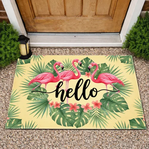 Pink Flamingos Hello Tropical Flowers - Welcome Home Decor Gift for Tropical Lovers Doormat