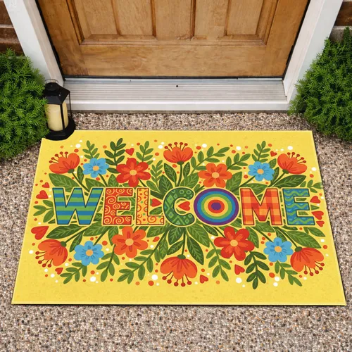 WELCOME Rainbow O Flowers Hearts Foliage - Everyday Home Welcome Decor Gift Doormat