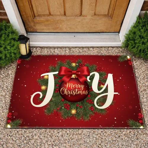 JOY Christmas Ornament Pine Berries Bow Baubles - Christmas Holiday Decor Doormat