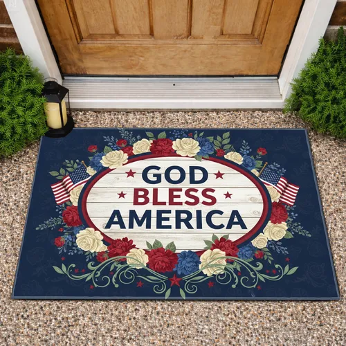 God Bless America Sign American Flag Patriotic Floral - Independence Day Gift for Veterans Doormat