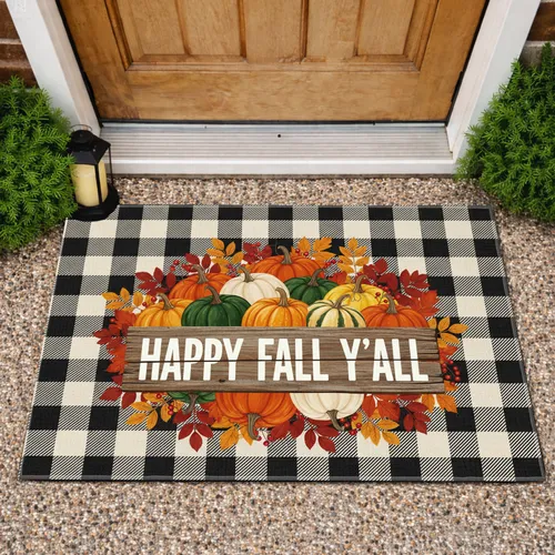 Happy Fall Y'all Pumpkins Gourds Autumn Foliage - Farmhouse Fall Decor Doormat