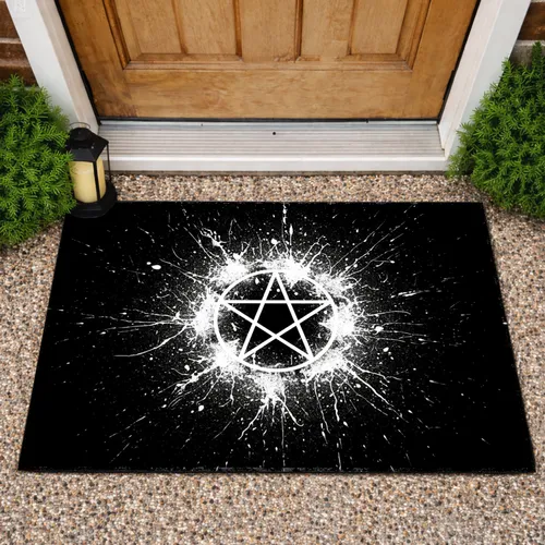 Stark White Outlined Pentagram Distressed Paint Splatter Gritty Textures - Home Decor Gift Doormat