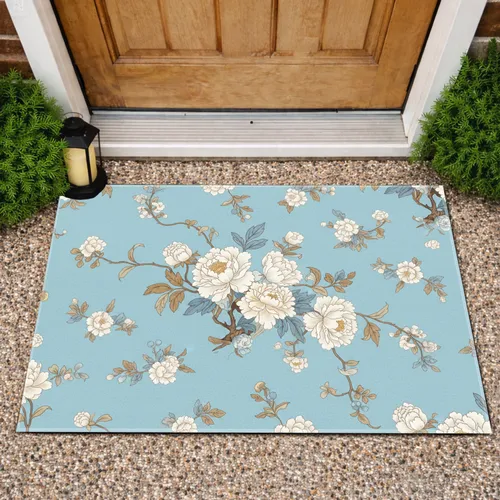 White Cream Peony Blossoms Leaves Branches Chinoiserie - Home Decor Gift Doormat