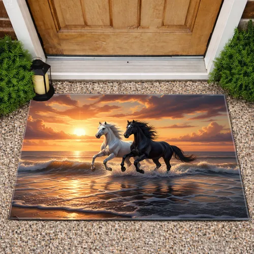 Majestic White Black Horses Galloping Golden Hour Ocean Sunset - Horse Lover Home Decor Gift Doormat