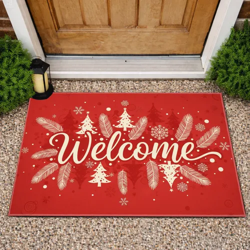 Welcome Script Text Christmas Trees Snowflakes Pine Sprigs - Christmas Holiday Home Decor Doormat