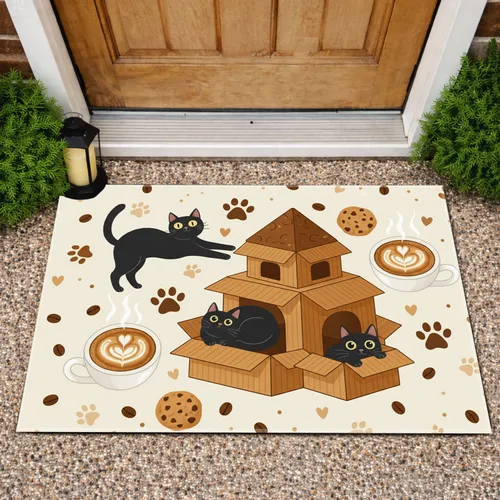 Black Cats Steaming Coffee Rustic Cookies Paw Prints - Home Decor Gift for Cat Lover Doormat