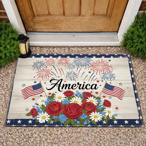 America Script Flag Fireworks Floral - Independence Day Farmhouse Decor Doormat
