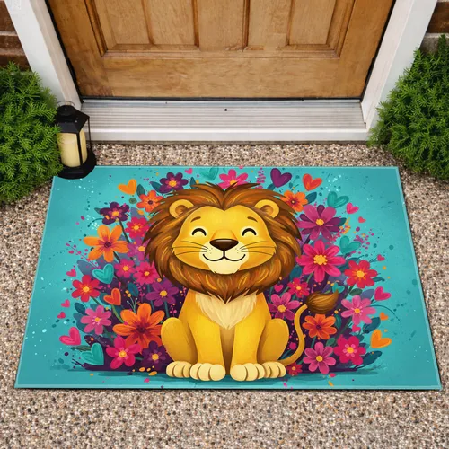 Cartoon Shaggy Mane Lion Lush Field Flowers Floating Hearts - Home Decor Gift for Kids Doormat