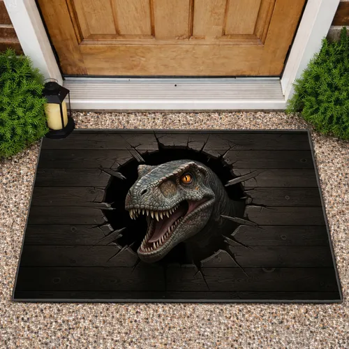 Velociraptor Head Broken Wood Hole - Home Decor Gift for Dinosaur Enthusiast Doormat