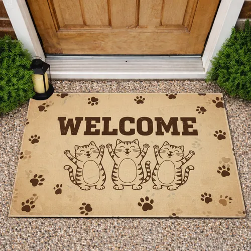 Welcome Smiling Striped Cats Paw Prints - Entryway Home Decor Gift for Cat Lovers Doormat