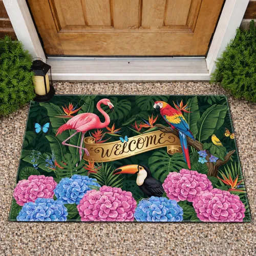 WELCOME Golden Banner Tropical Birds Hydrangea - Home Decor Gift for Bird Lovers Doormat