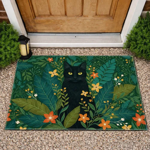 Black Cat Lush Tropical Foliage Orange Blossom Home Decor Gift for Cat Lover Doormat