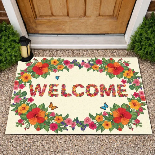 Welcome Flower Tropical Garden Butterflies - Home Decor Gift for Garden Lover Doormat