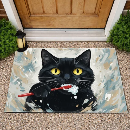 Disgruntled Black Cat Brushing Teeth - Home Decor Gift for Cat Lover Doormat
