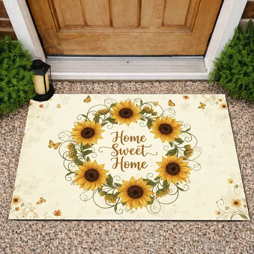 Lush Sunflower Wreath Home Sweet Home Butterflies Vines Accent Flowers - Farmhouse Home Decor Doormat