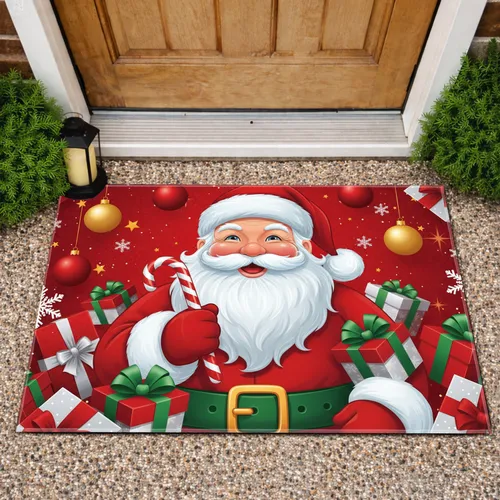 Santa Claus Candy Cane Christmas Gifts Ornaments - Holiday Home Decor Doormat