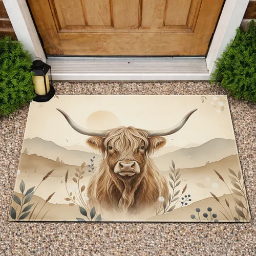 Highland Cow Misty Hills Botanical Accents - Farmhouse Decor Gift for Cow Lover Doormat