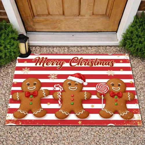 Gingerbread Men Snowflakes Stars Candy Cane Lollipop Merry Christmas Holiday Doormat