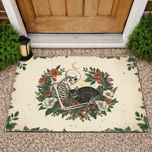 Skeleton Cat Lush Botanical Garden Crescent Moon - Vintage Home Decor Gift for Cat Lover Doormat