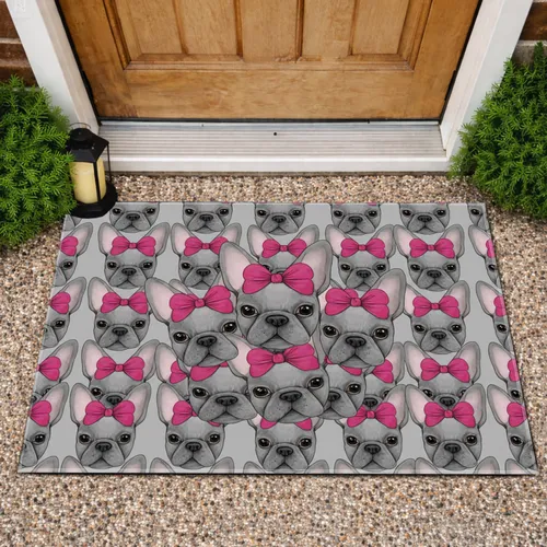 Grey French Bulldog Faces Pink Bows - Home Decor Gift for French Bulldog Lovers Doormat