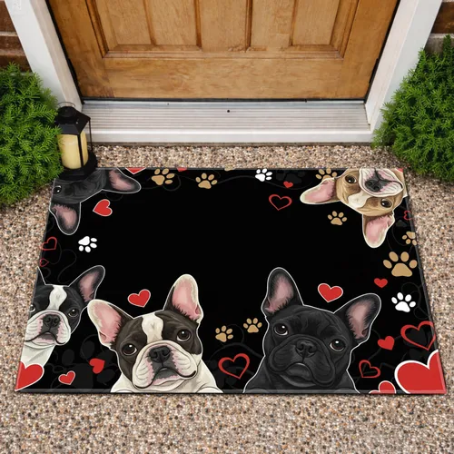 Five French Bulldogs Peeking Paw Prints Hearts - Pet Lover Home Decor Gift Doormat