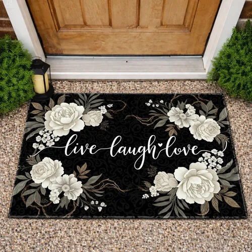 Live Laugh Love Calligraphy Peony Rose Floral - Home Decor Gift Doormat
