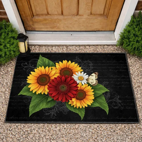 Sunflowers Gerbera Daisy Butterfly Floral Script - Home Decor Gift for Garden Lover Doormat