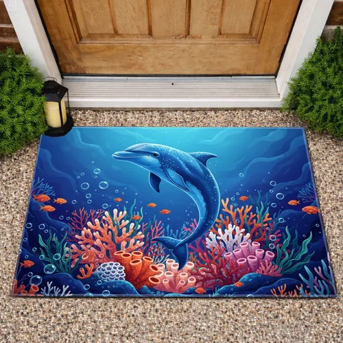 Majestic Blue Dolphin Underwater Coral Reef Ocean Home Decor Gift for Sea Lover Doormat