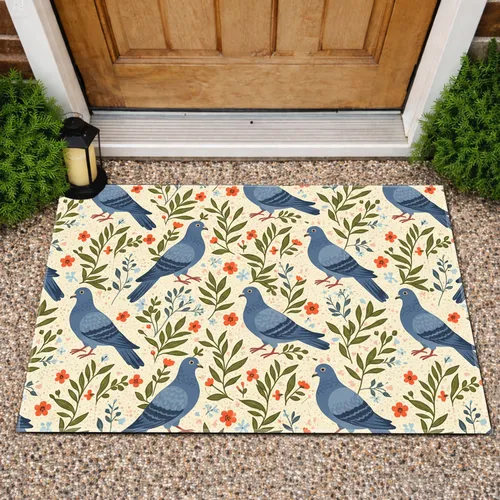 Blue-Grey Pigeons Botanical Sprigs Flowers - Rustic Home Decor Gift for Wildlife Lovers Doormat
