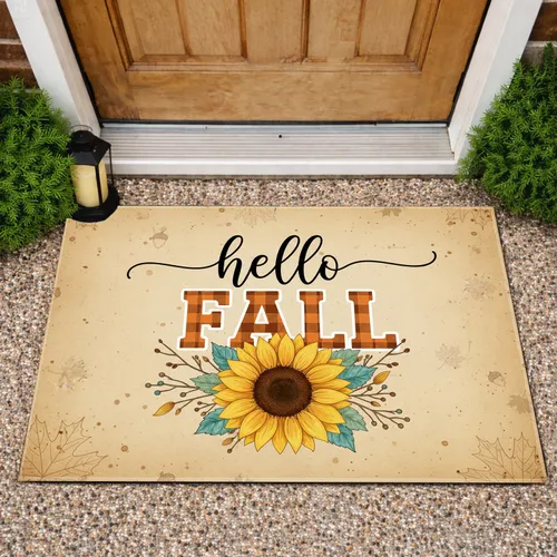 Rustic Vintage Distressed Hello Fall Sunflower Plaid Maple Acorn - Autumn Farmhouse Home Decor Doormat
