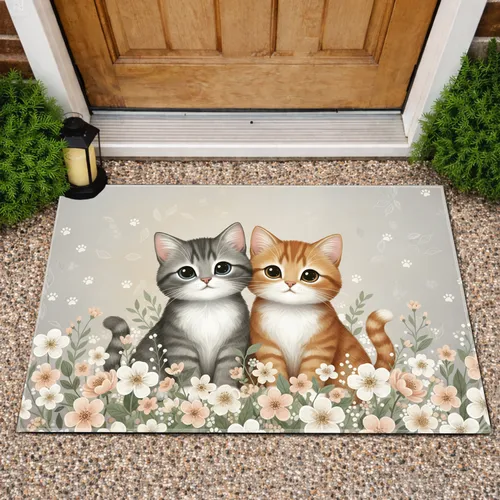 Grey Orange Tabby Cats Floral Blossoms - Home Decor Gift for Cat Lover Doormat