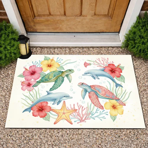 Sea Turtle Dolphin Starfish Hibiscus Coral Aquatic - Home Decor Gift for Ocean Lover Doormat