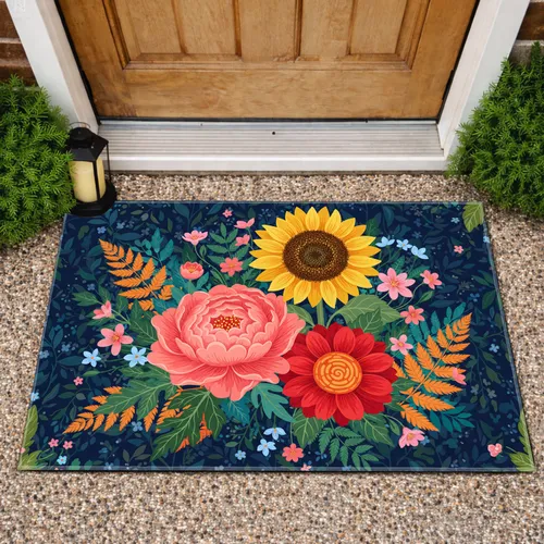 Peony Sunflower Botanical Tapestry - Home Decor Gift for Garden Lover Doormat