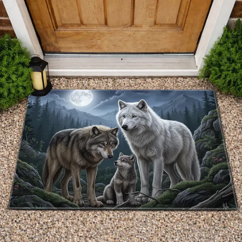 Moonlit Forest Mountain Wolf Family Pup Nurturing Wildlife Lover Gift Doormat
