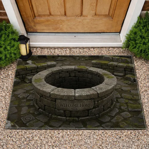 Deep Ancient Stone Well WELCOME HOME Mossy Weathered Stone - Home Decor Gift Doormat