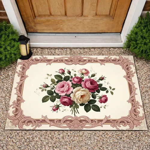 Pink Cream Roses Rococo Scrollwork Ornamental Frame Botanical Accents - Home Decor Gift Doormat