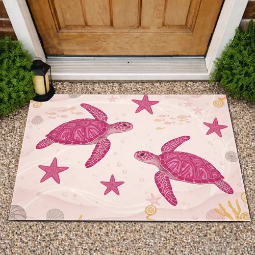 Fuchsia Pink Sea Turtles Starfish Coral Seashells - Ocean Lover Home Decor Gift Doormat