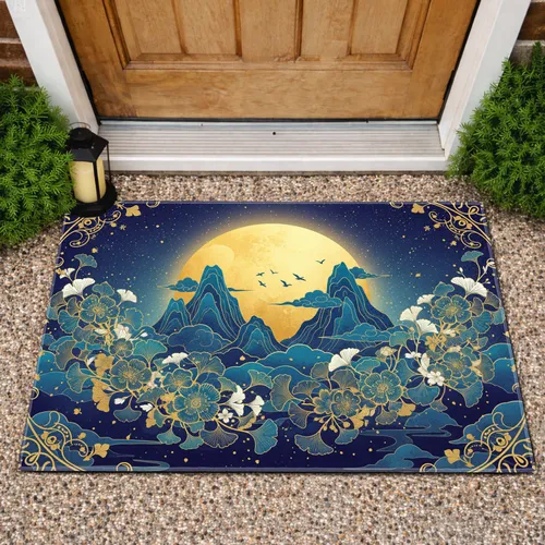 Golden Moon Deep Blue Teal Clouds Art Nouveau Floral Starlight - Home Decor Gift Doormat